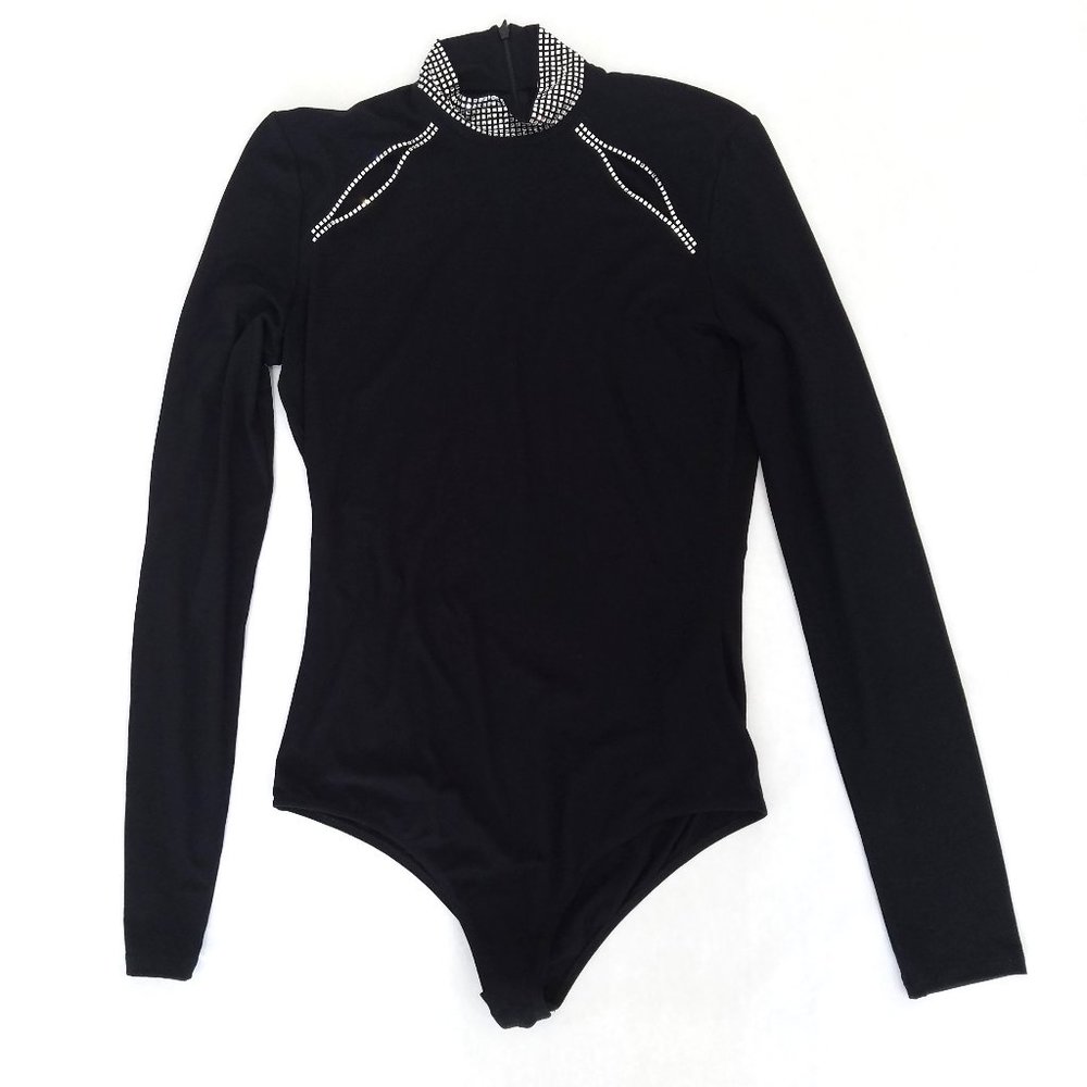 Versace Collection Black Mock Neck Bodysuit Embellished NWT Size 8 IT 44